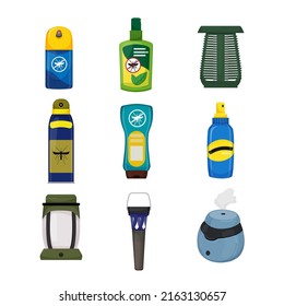 bug spray, mosquito insect, insecticide repellent, protection aerosol, malaria fly cartoon icons set vector illustrations