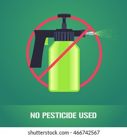 Bug spray in prohibition sign vector illustration. Sign, icon, emblem for eco farming, gardening, agriculture. No pesticide used sign