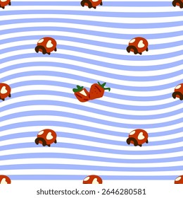 Bug and Strawberry Seamless Pattern. Whimsical seamless pattern with red bugs and paired strawberries on a wavy blue striped background. Flat cartoon style with playful summer palette.