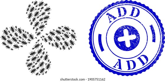 Bug swirl abstract flower, and blue round ADD dirty seal with icon inside. Object flower with 4 petals created from oriented bug items. Vector flower collage in flat style.