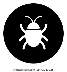 A bug symbol in the center. Isolated white symbol in black circle. Vector illustration on white background