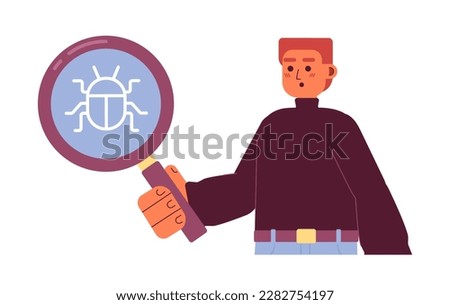 Bug tester with magnifying glass flat concept vector spot illustration. Editable 2D cartoon character on white for web design. Finding mistakes in software creative idea for website, mobile, magazine