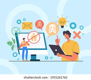 Bug tester virus searching teamwork concept. Vector flat graphic design illustration