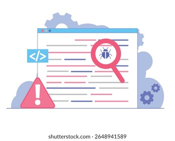 Bug Testing Concept. Software quality assurance with coding issues Debugging with AI. Code review automation testing. Software development, debugging and control.