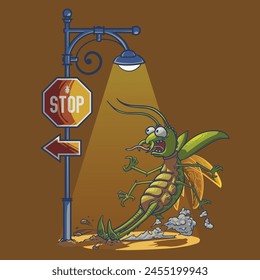 a bug that stops because it sees a stop sign with a cute cartoon illustration