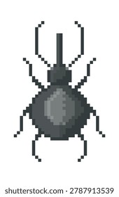 Bug top view with segmented abdomen and antenna, rendered in chunky pixels on a clean background. Symbol of error, malware, and debugging for tech content. Cartoon vector illustration.