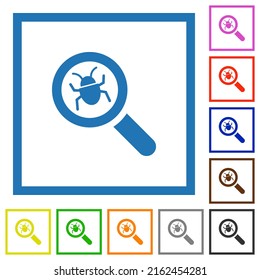 Bug tracking flat color icons in square frames on white background