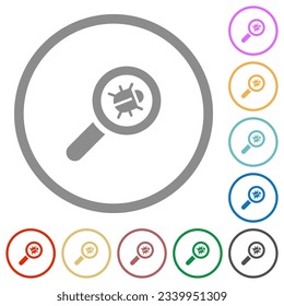 Bug tracking flat color icons in round outlines on white background