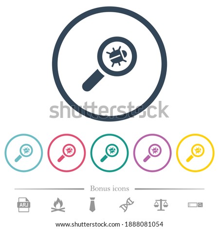 Bug tracking flat color icons in round outlines. 6 bonus icons included.