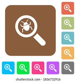 Bug tracking flat icons on rounded square vivid color backgrounds.