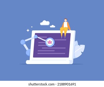 Bug Tracking And Search System. Software And Application Testing. Look For Bugs Or Loopholes In A Program. An Employee Sitting At A Laptop. Software Development. Illustration Concept Design