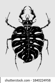 Bug with tropical leaf. Insect with monstera. Tattoo style vector print. Poster with beetle and exotic flora. Mimicry concept.