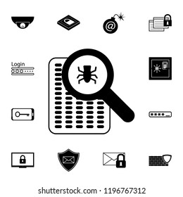 Bug under magnifying glass in document icon. Detailed set of cyber security. Premium graphic design. One of the collection icons for websites, web design, mobile app on white background