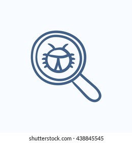 Bug under magnifying glass vector sketch icon isolated on background. Hand drawn Bug under magnifying glass icon. Bug under magnifying glass sketch icon for infographic, website or app.