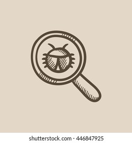 Bug unter Lupe, Vektorgrafik Symbol einzeln auf Hintergrund. Handgezeichneter Bug unter Lupe-Glas-Symbol. Bug unter Lupe-Glas-Skizze Symbol für Infografik, Website oder App.