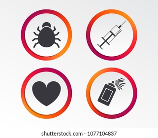 Bug and vaccine syringe injection icons. Heart and spray can sign symbols. Infographic design buttons. Circle templates. Vector