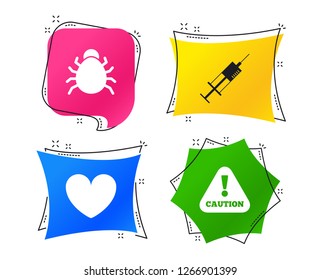 Bug and vaccine syringe injection icons. Heart and caution with exclamation sign symbols. Geometric colorful tags. Banners with flat icons. Trendy design. Vector