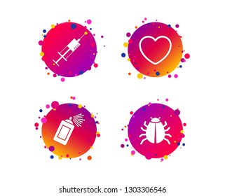 Bug and vaccine syringe injection icons. Heart and spray can sign symbols. Gradient circle buttons with icons. Random dots design. Vector