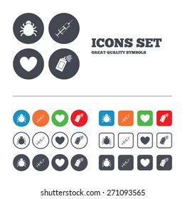 Bug and vaccine syringe injection icons. Heart and spray can sign symbols. Web buttons set. Circles and squares templates. Vector