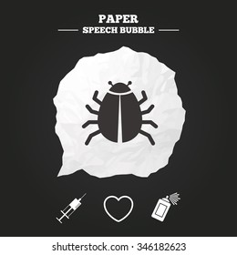 Bug and vaccine syringe injection icons. Heart and spray can sign symbols. Paper speech bubble with icon.