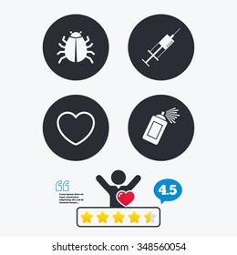 Bug and vaccine syringe injection icons. Heart and spray can sign symbols. Star vote ranking. Client like and think bubble. Quotes with message.
