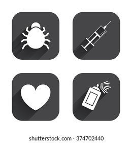 Bug and vaccine syringe injection icons. Heart and spray can sign symbols. Square flat buttons with long shadow.