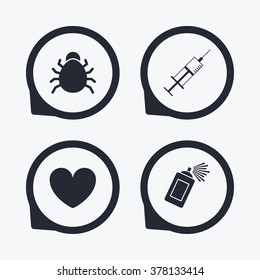 Bug and vaccine syringe injection icons. Heart and spray can sign symbols. Flat icon pointers.