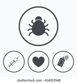Bug and vaccine syringe injection icons. Heart and spray can sign symbols. Icons in circles.