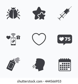 Bug and vaccine syringe injection icons. Heart and spray can sign symbols. Flat talking head, calendar icons. Stars, like counter icons. Vector