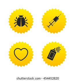 Bug and vaccine syringe injection icons. Heart and spray can sign symbols. Yellow stars labels with flat icons. Vector
