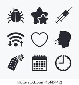 Bug and vaccine syringe injection icons. Heart and spray can sign symbols. Wifi internet, favorite stars, calendar and clock. Talking head. Vector