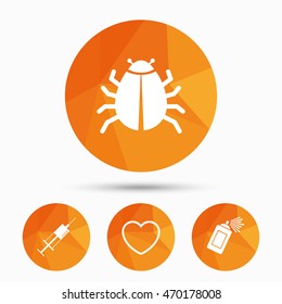 Bug and vaccine syringe injection icons. Heart and spray can sign symbols. Triangular low poly buttons with shadow. Vector