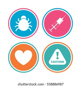 Bug and vaccine syringe injection icons. Heart and caution with exclamation sign symbols. Colored circle buttons. Vector