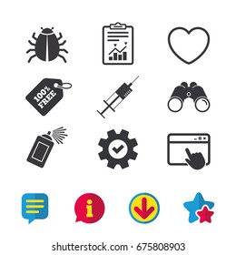 Bug and vaccine syringe injection icons. Heart and spray can sign symbols. Browser window, Report and Service signs. Binoculars, Information and Download icons. Stars and Chat. Vector