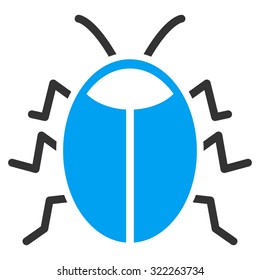 Bug vector icon. Style is bi-color flat symbol, blue and gray colors, rounded angles, white background.