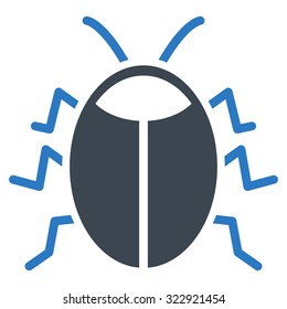 Bug vector icon. Style is bicolor flat symbol, smooth blue colors, rounded angles, white background.