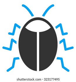 Bug vector icon. Style is bicolor flat symbol, blue and gray colors, rounded angles, white background.