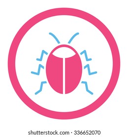 Bug vector icon. Style is bicolor flat rounded symbol, pink and blue colors, rounded angles, white background.