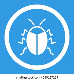 Bug vector icon. Style is flat rounded symbol, white color, rounded angles, blue background.