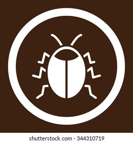 Bug vector icon. Style is flat rounded symbol, white color, rounded angles, brown background.
