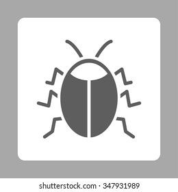 Bug vector icon. Style is flat rounded square button, dark gray and white colors, silver background.