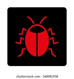 Bug vector icon. Style is flat rounded square button, intensive red and black colors, white background.