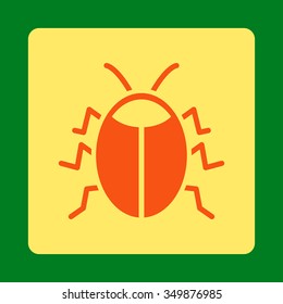 Bug vector icon. Style is flat rounded square button, orange and yellow colors, green background.