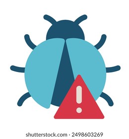 Bug vector illustration. Bug with warning symbol, triangle with exclamation point. Cyber virus, malware. Cyber security concept