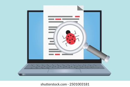 Bug and virus in the programming code with magnifier Glass. Vector Illustration 