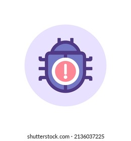 bug warning icon. report bugs. system bug notification. error programs. beetle symbol and exclamation mark. flat cartoon illustration. concept design