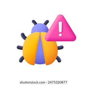 Bug with warning symbol, triangle with exclamation point. Cyber virus, malware. Cyber security concept. 3d vector icon. Cartoon minimal style.