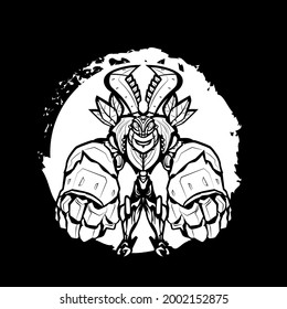 Bug Warrior. Coloring book antistress for children and adults. Zen-tangle style.Black and white drawing.Hand draw