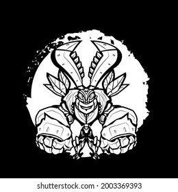 Bug Warrior. Coloring book antistress for children and adults. Zen-tangle style.Black and white drawing.Hand draw