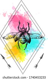 Bug and watercolor background. Hand drawn vector illustration could be used for textile,  yoga mat, phone case, t-shirt, etc